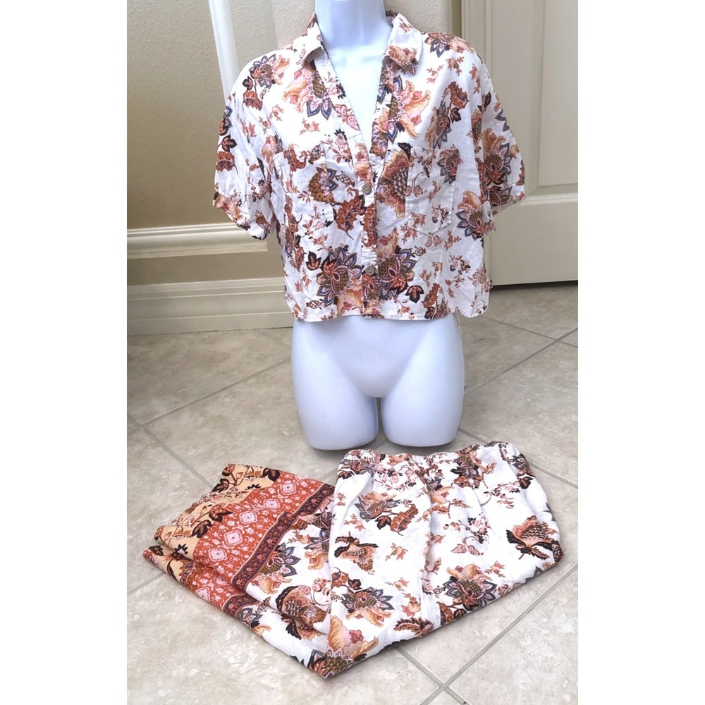 Rachel Rachel Roy Linen Blend Floral Paisley 2 Piece Set Crop Top Pants M